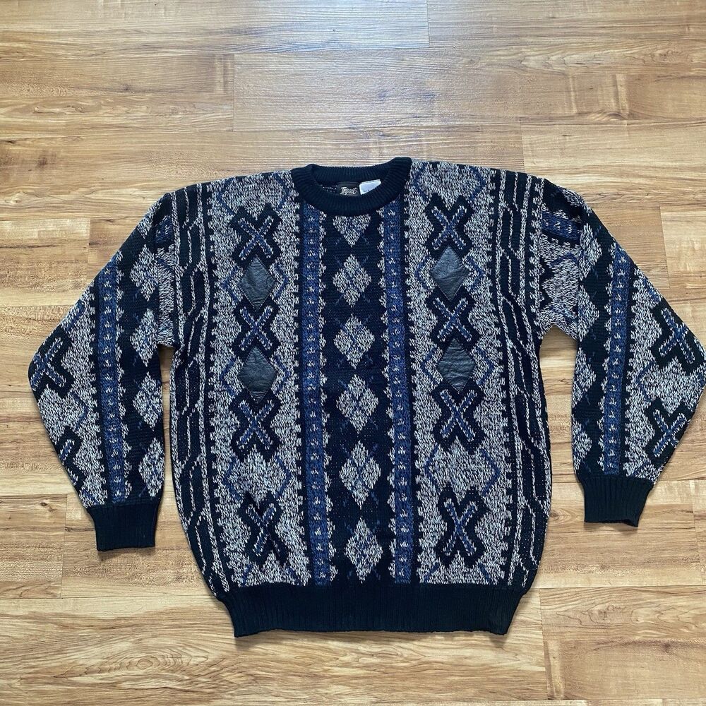VTG 90s Impact XL Gray Black Leather Patches Geometric Cosby Sweater Grandpa